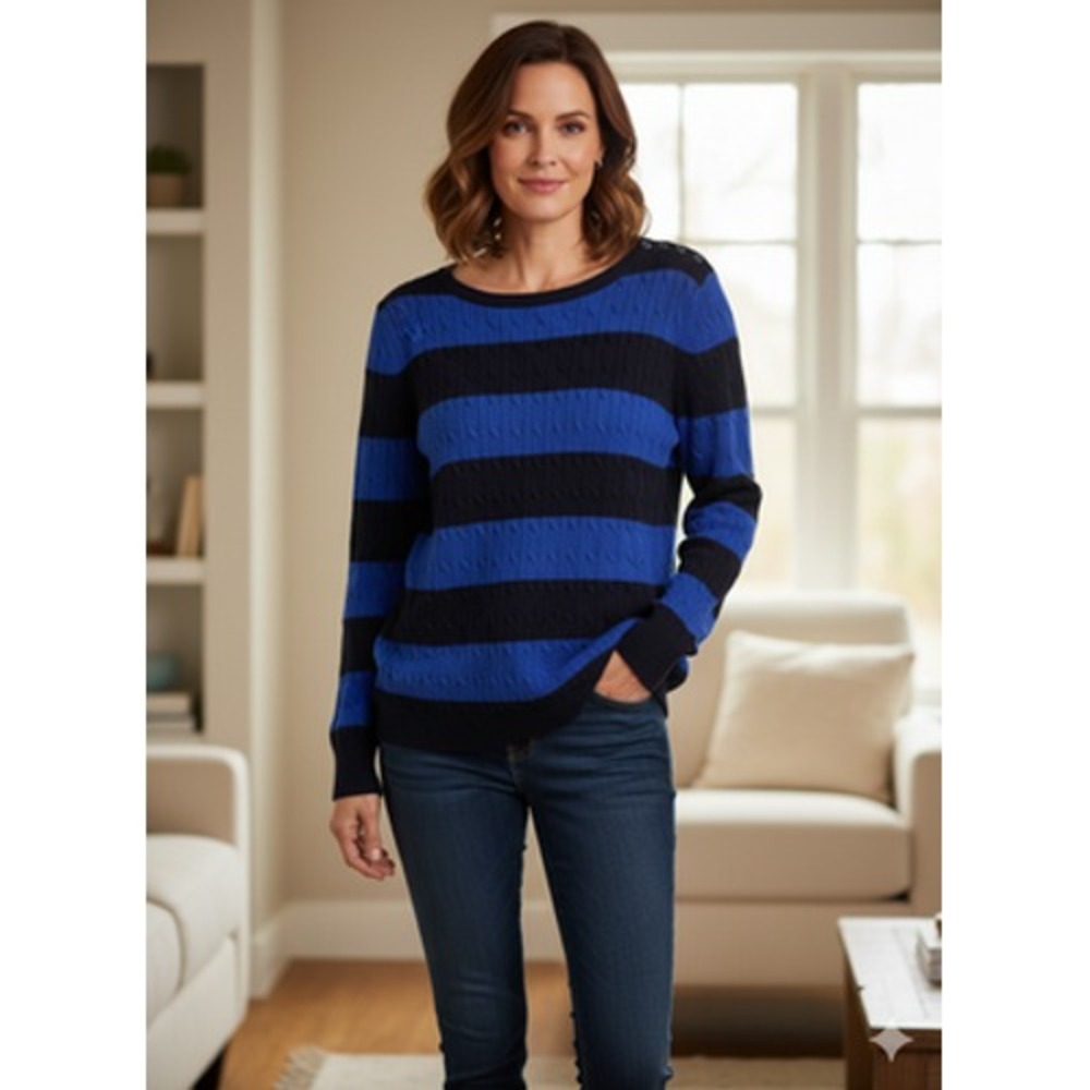 Talbots Women's XL Striped Cable‎ Knit Cotton Blend Sweater Blue Black